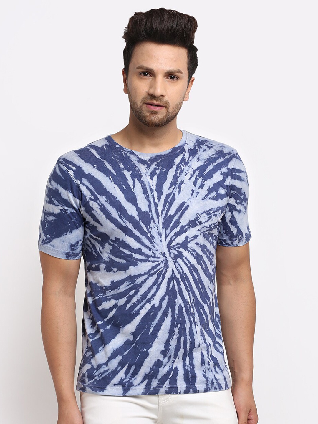 

Ennoble Men Grey & Blue Tie & Dyed Combed Cotton T-shirt
