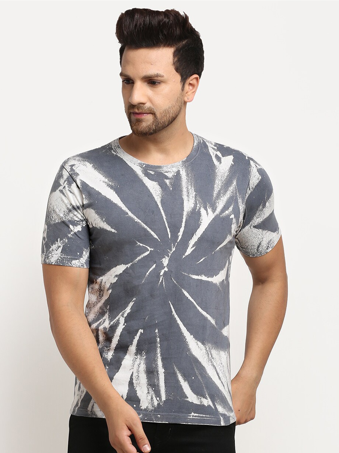 

Ennoble Men Grey White Tie Dye Pure Cotton T-shirt