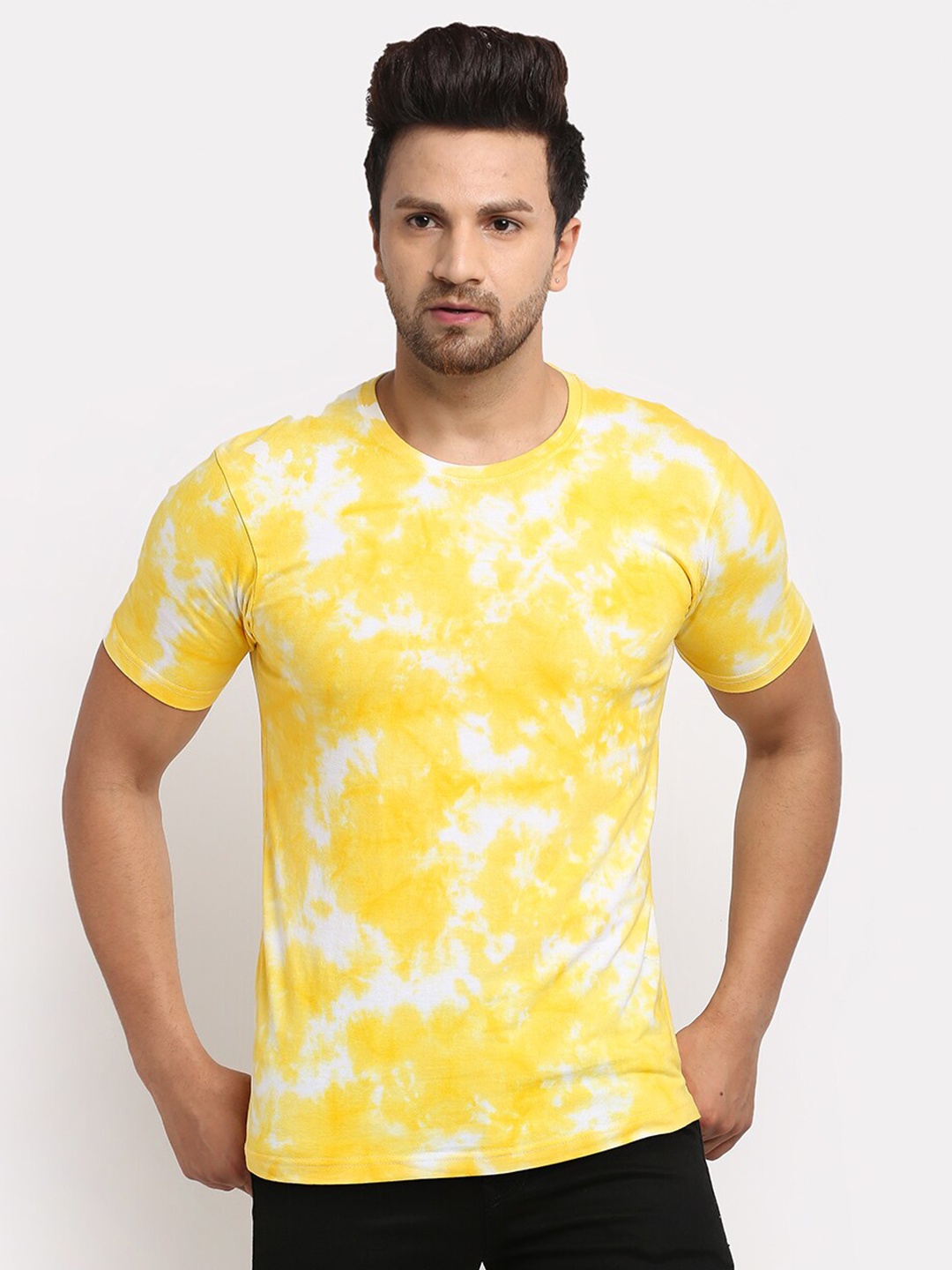 

Ennoble Men Yellow White Tie Dye Pure Cotton T-shirt