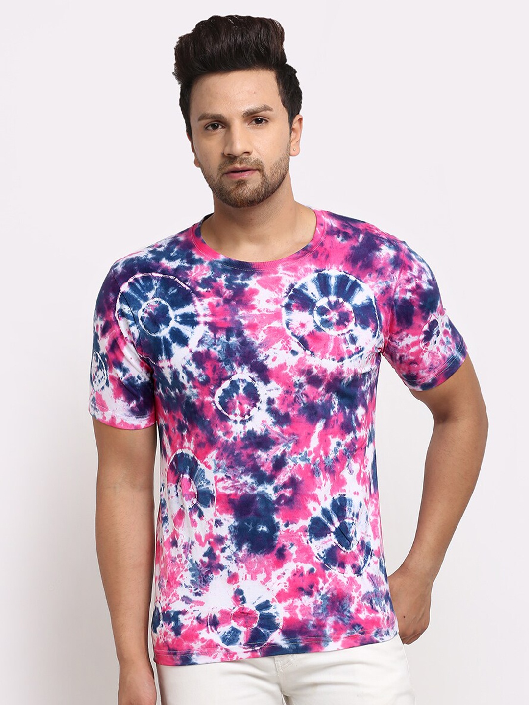 

Ennoble Men Pink Blue Tie Dye Pure Cotton T-shirt