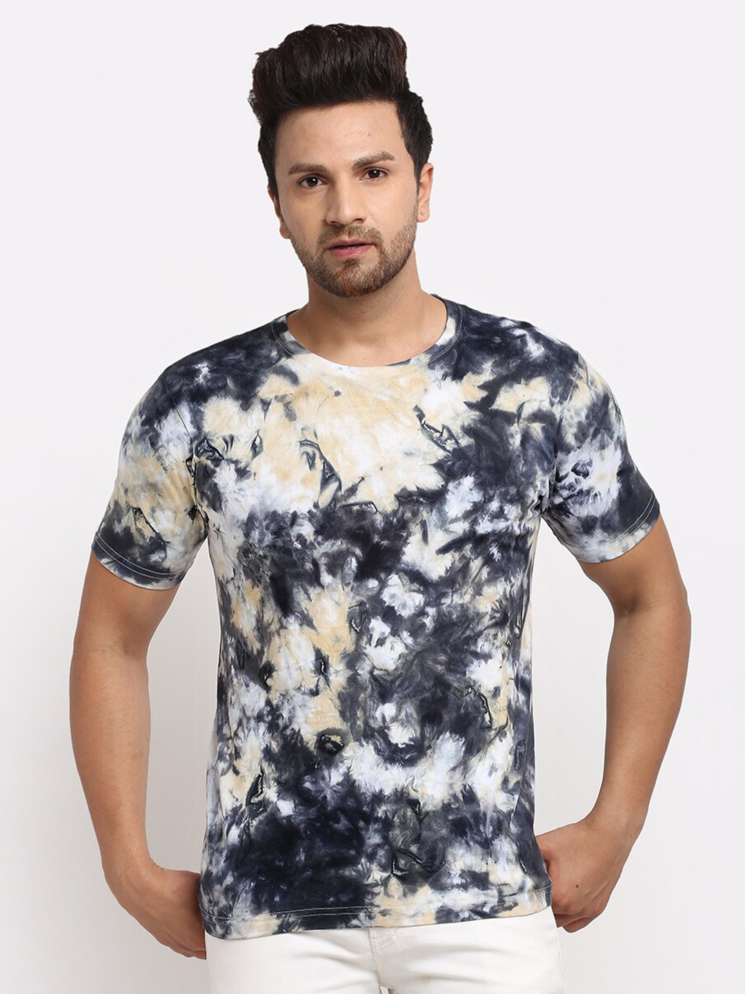 

Ennoble Men Grey Yellow Tie Dye Pure Cotton T-shirt