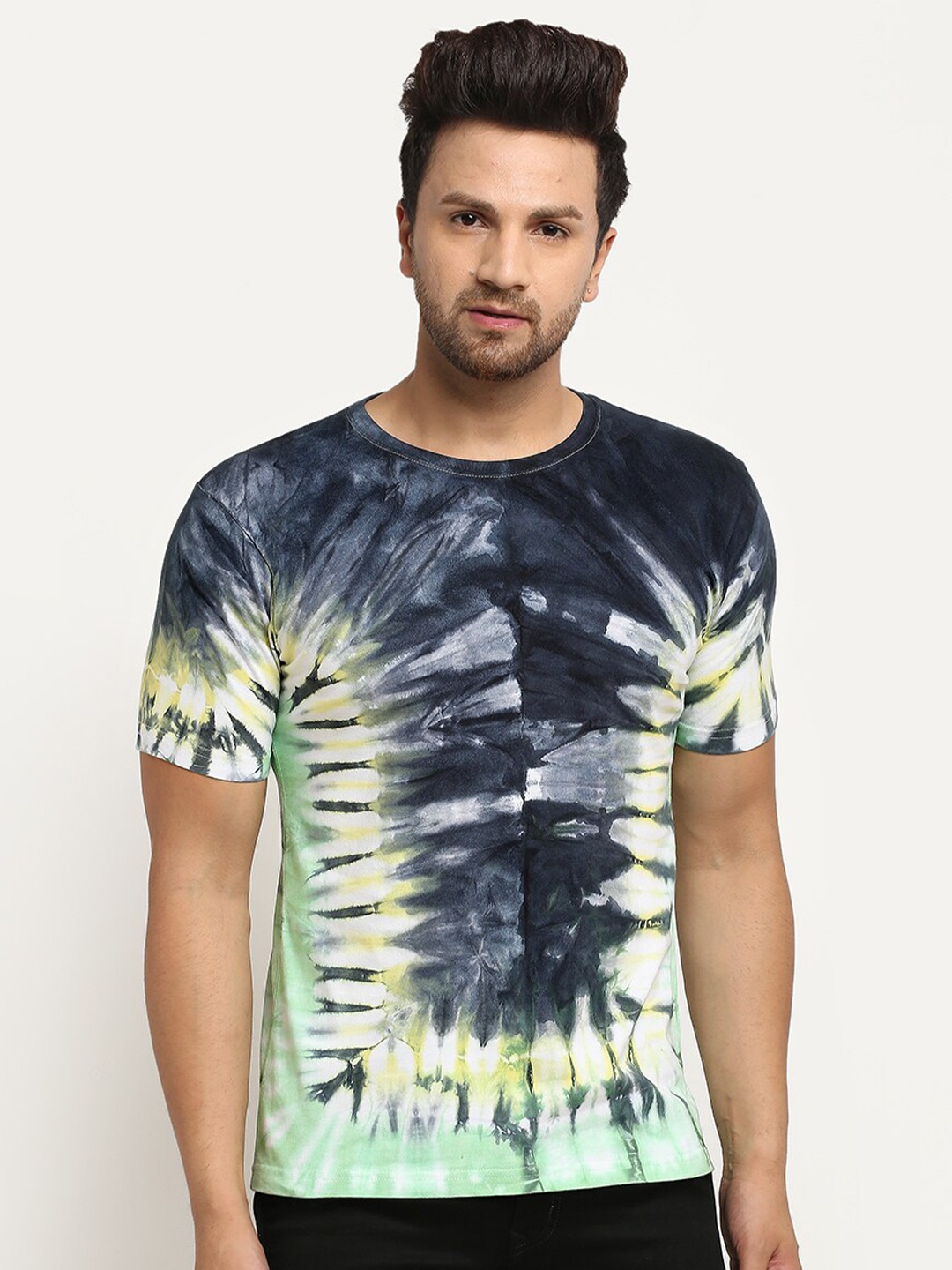 

Ennoble Men Grey Yellow Tie Dyed Combed Cotton Pure Cotton T-shirt
