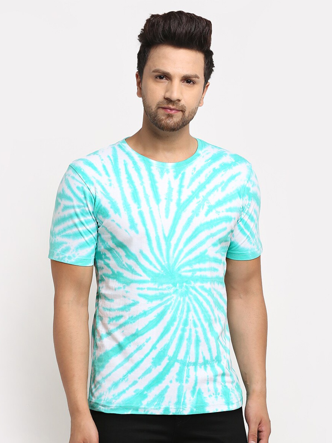 

Ennoble Men Sea Green White Tie Dye Dyed Organic Pure Cotton T-shirt