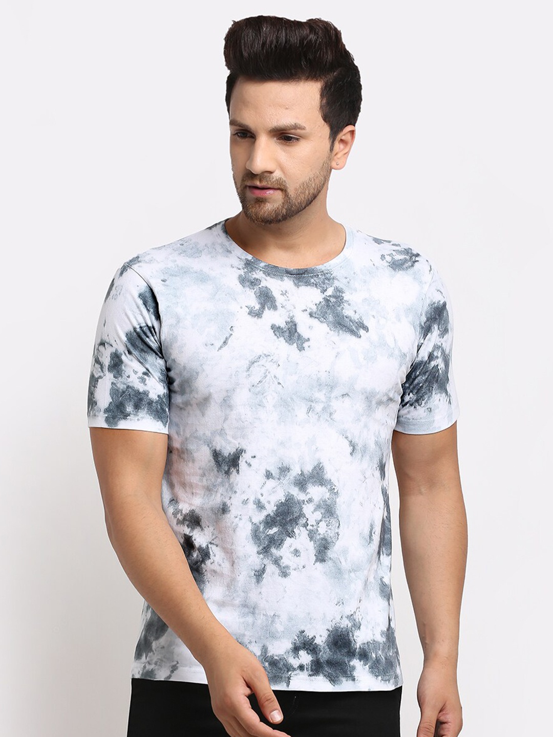 

Ennoble Men Grey White Tie Dyed Combed Cotton Pure Cotton T-shirt