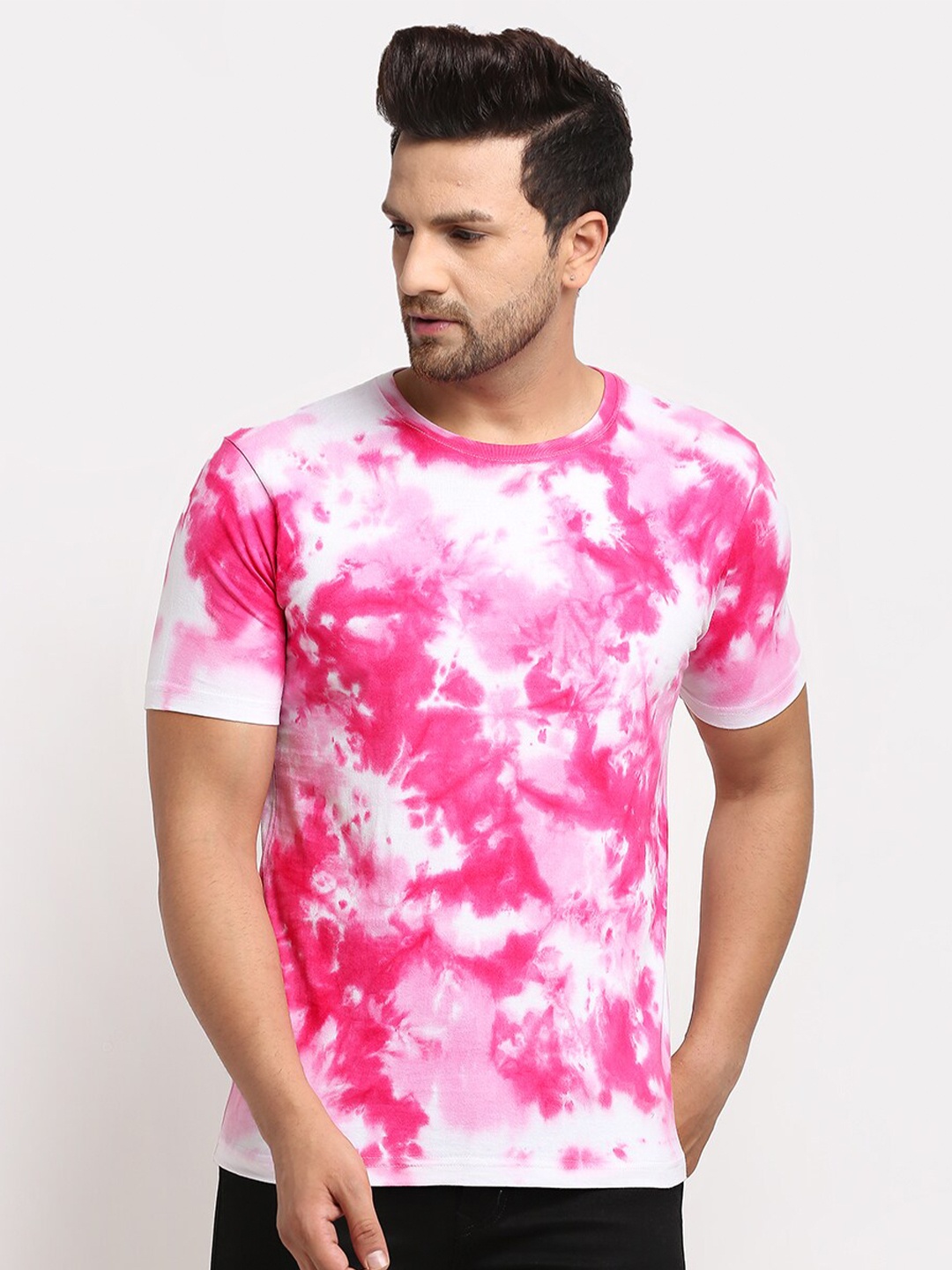 

Ennoble Men Pink White Tie Dyed Combed Cotton Pure Cotton T-shirt