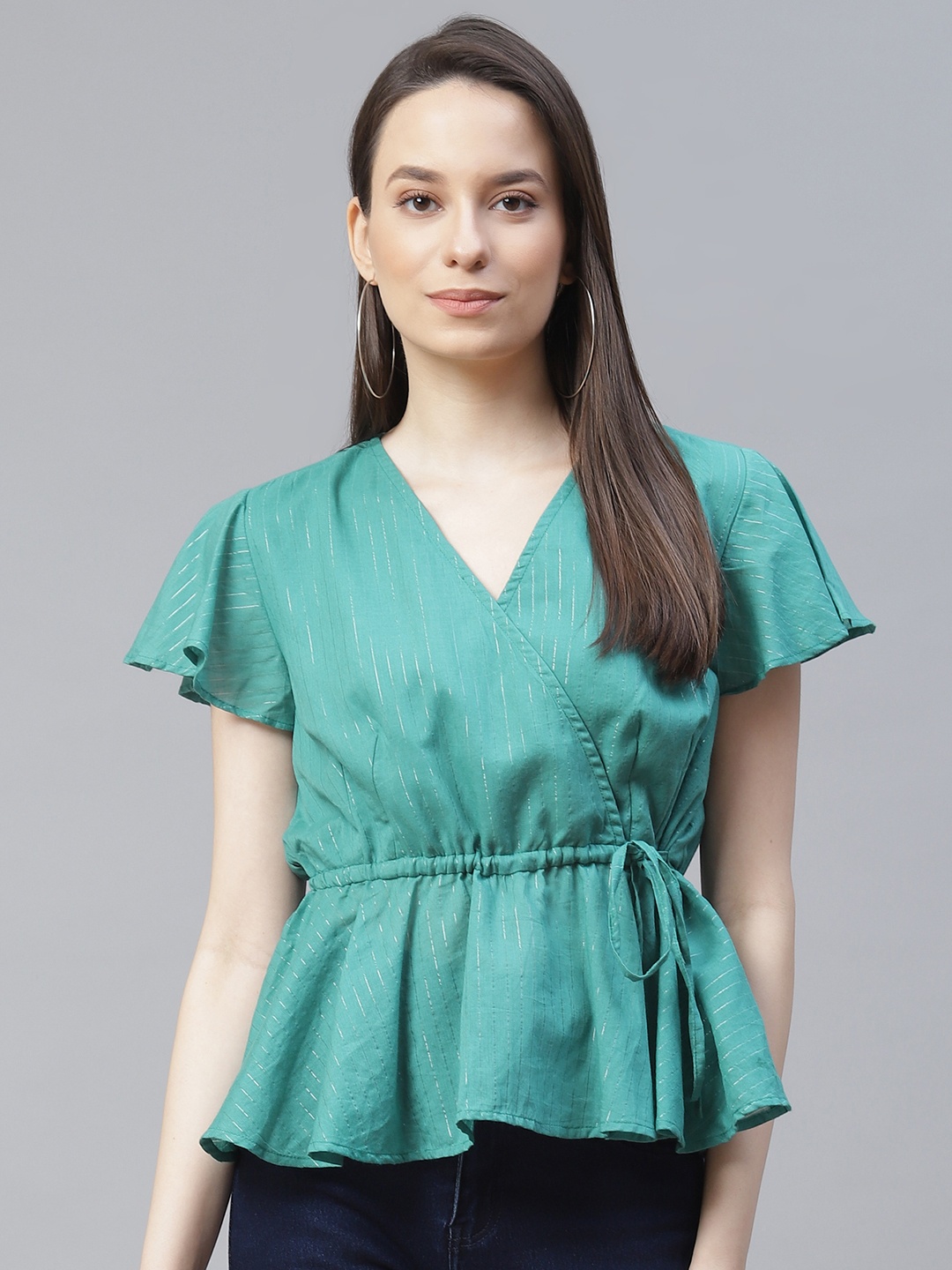 

Cottinfab Sea Green Striped Wrap Top