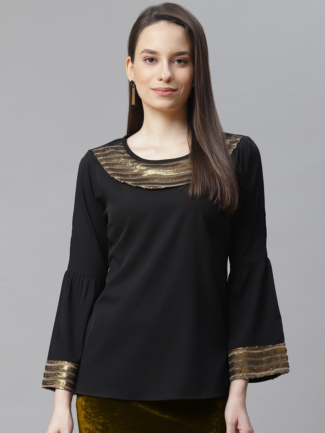 

Cottinfab Black & Gold-Toned Embellished Crepe Regular Top