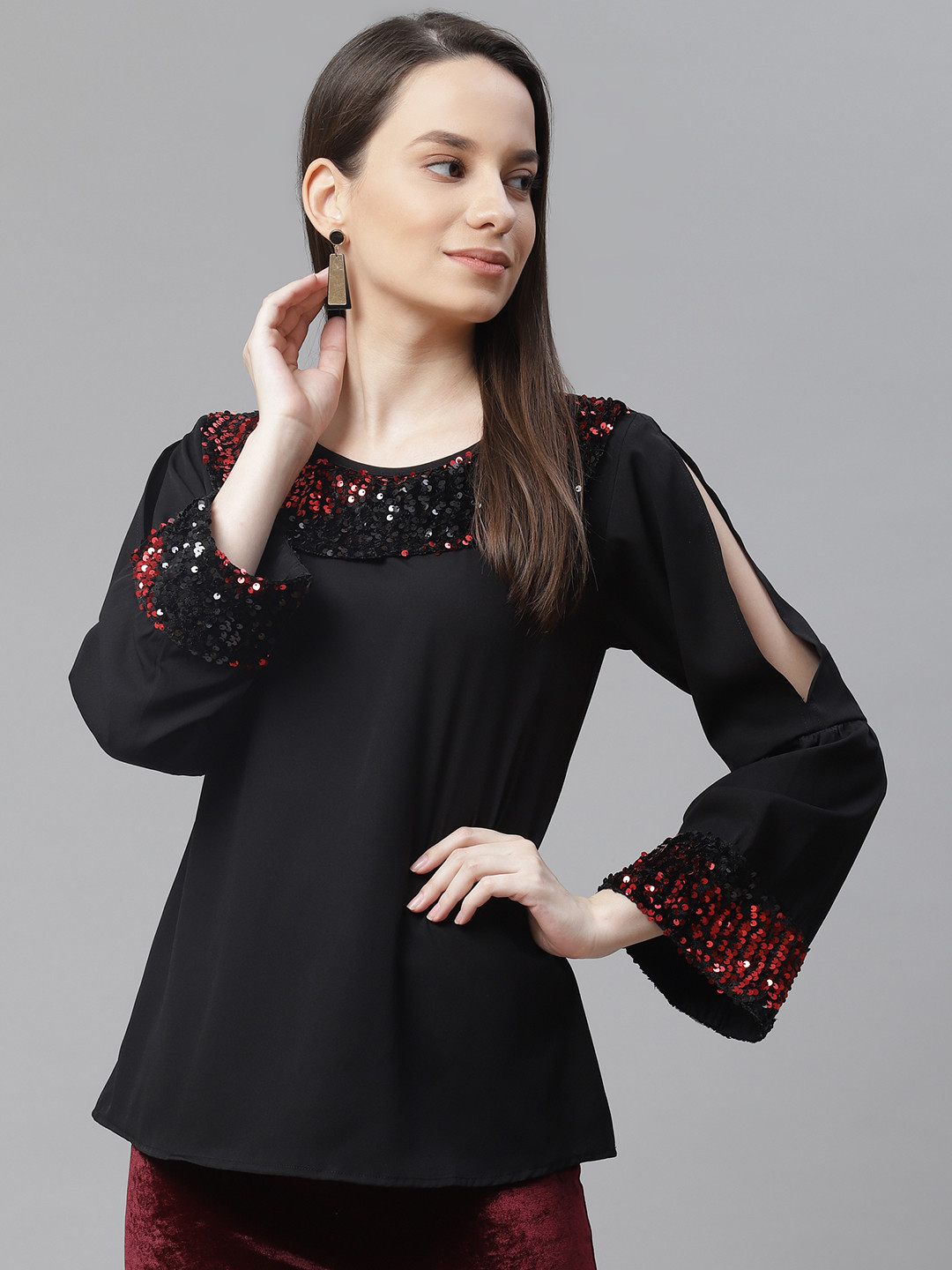 

Cottinfab Black & Red Embellished Crepe Regular Top