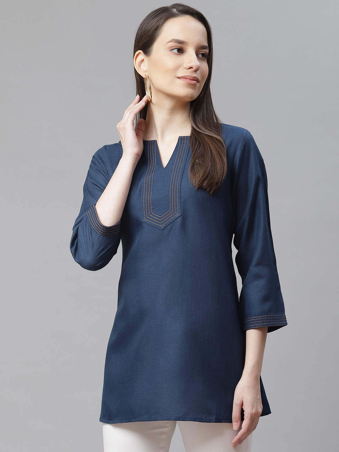 

Cottinfab Navy Blue V-Neck Pure Cotton A-Line Kurti