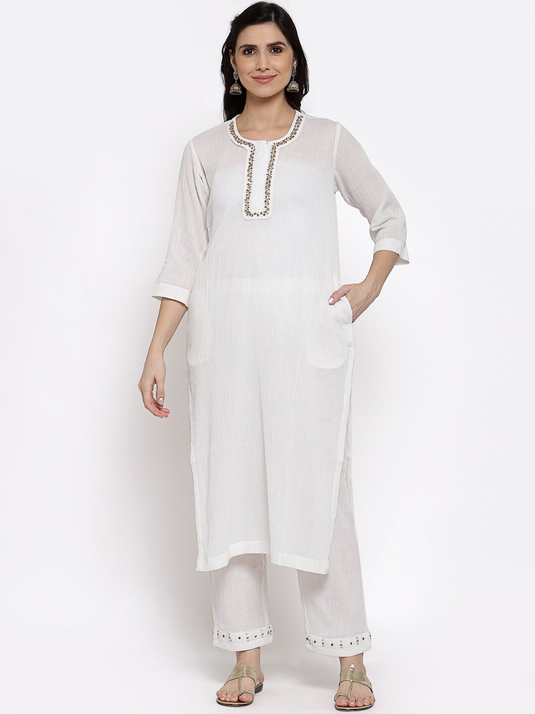 

DART STUDIO Women White Regular Pure Cotton Kurta with Palazzos