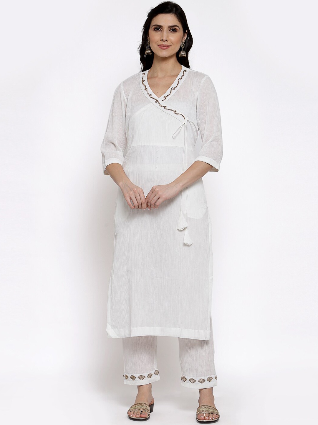 

DART STUDIO Women White Angrakha Pure Cotton Kurta with Palazzos