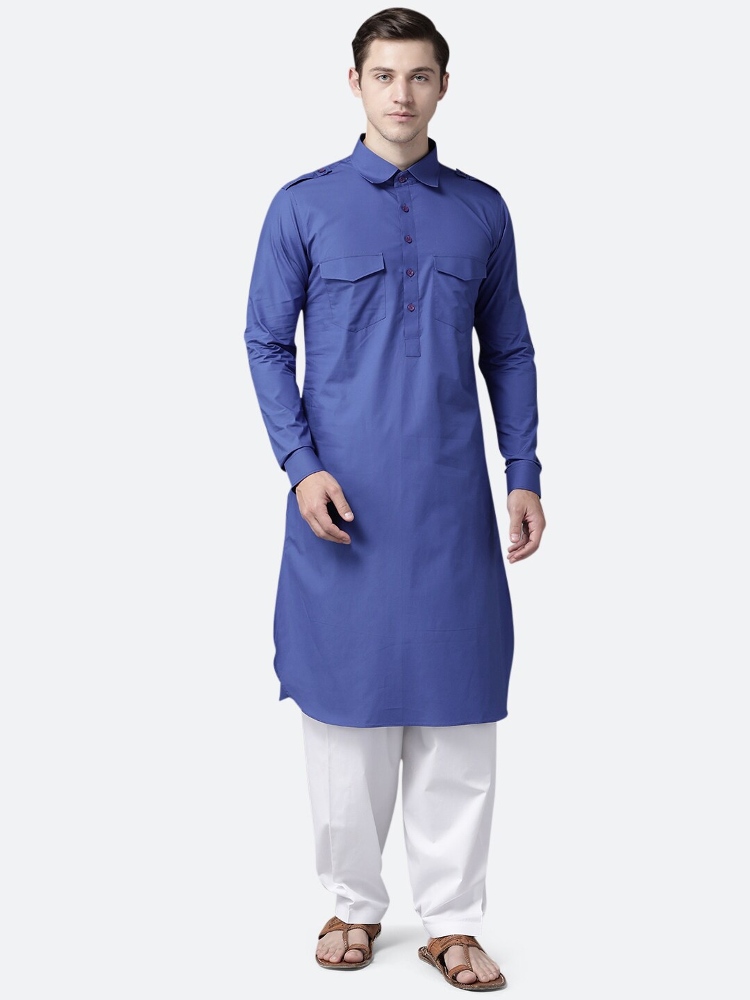 

See Designs Men Blue Pleated Pure Cotton Kurta with Salwar