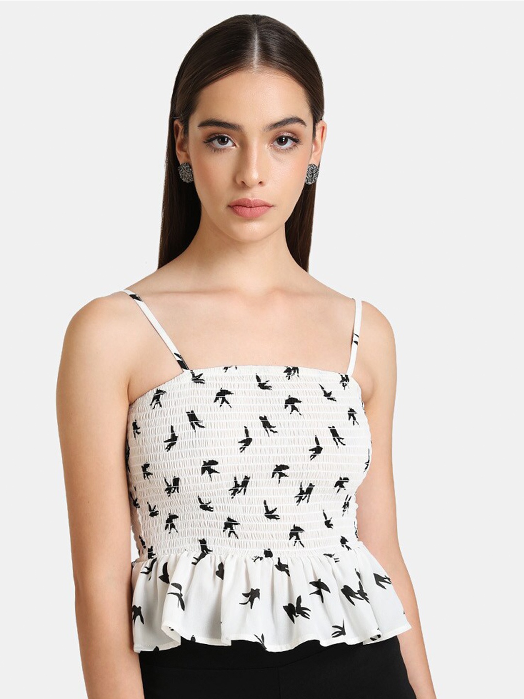

Kazo White & Black Printed Smocked Peplum Top