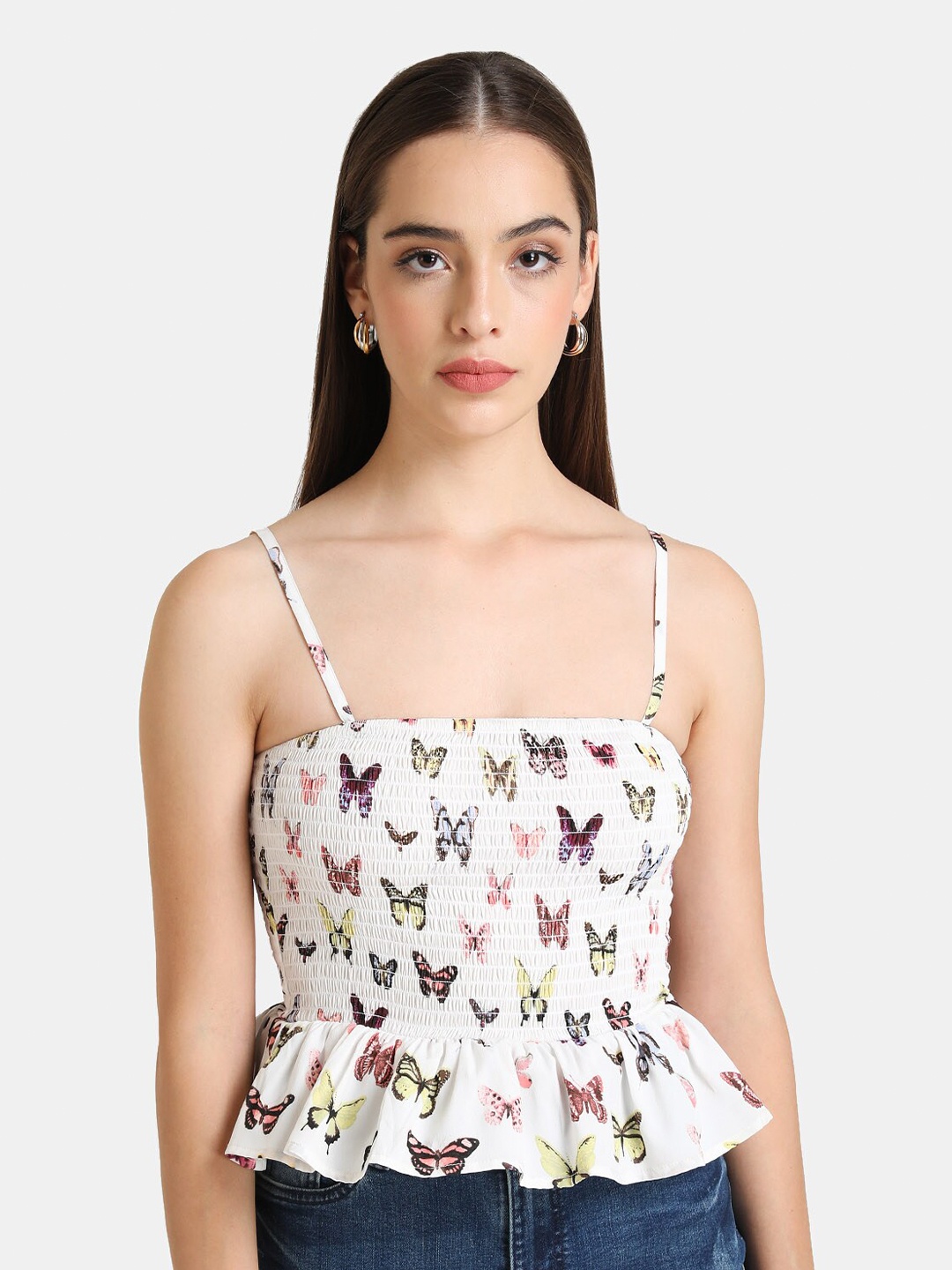 

Kazo White & Yellow Printed Smocked Peplum Top