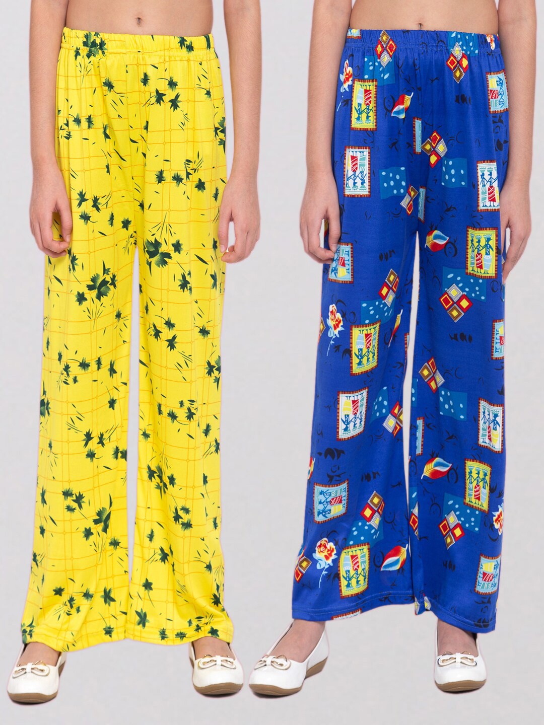 

KLOTTHE Girls Pack of 2 Yellow & Blue Printed Palazzos