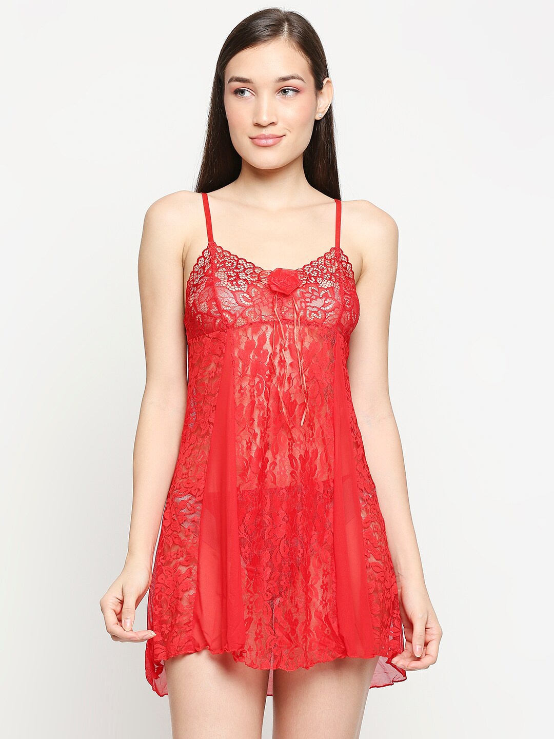 

Lady Love Red Floral Self-Design Net Baby Doll