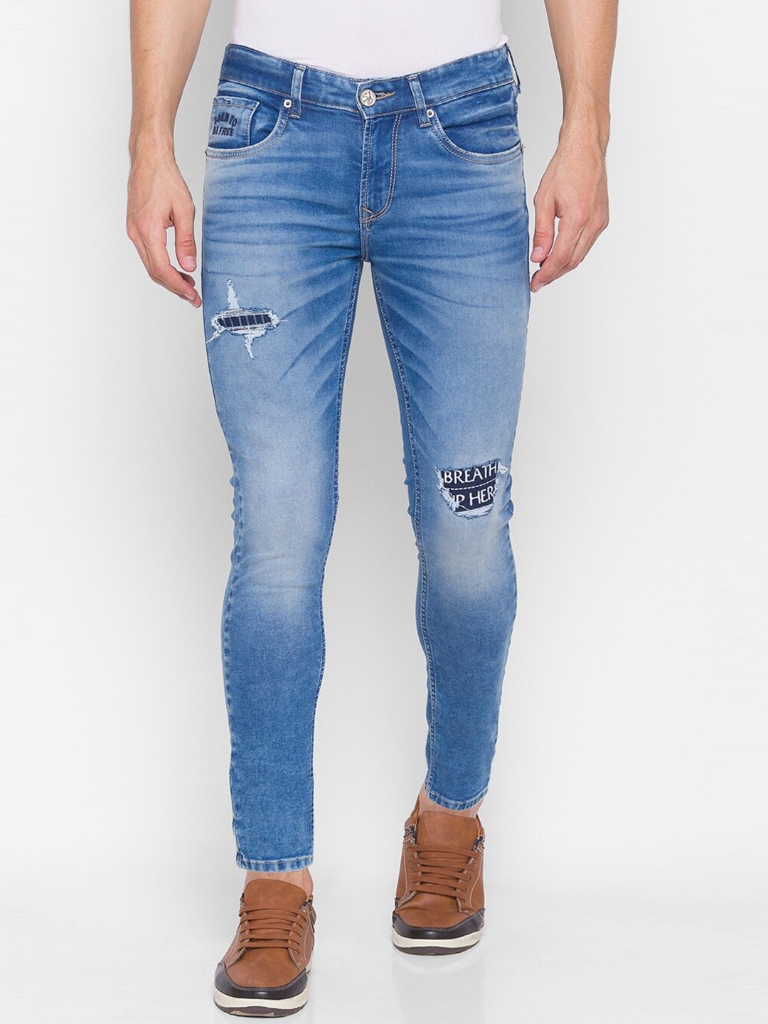 

SPYKAR Men Blue Slim Fit Mildly Distressed Light Fade Jeans