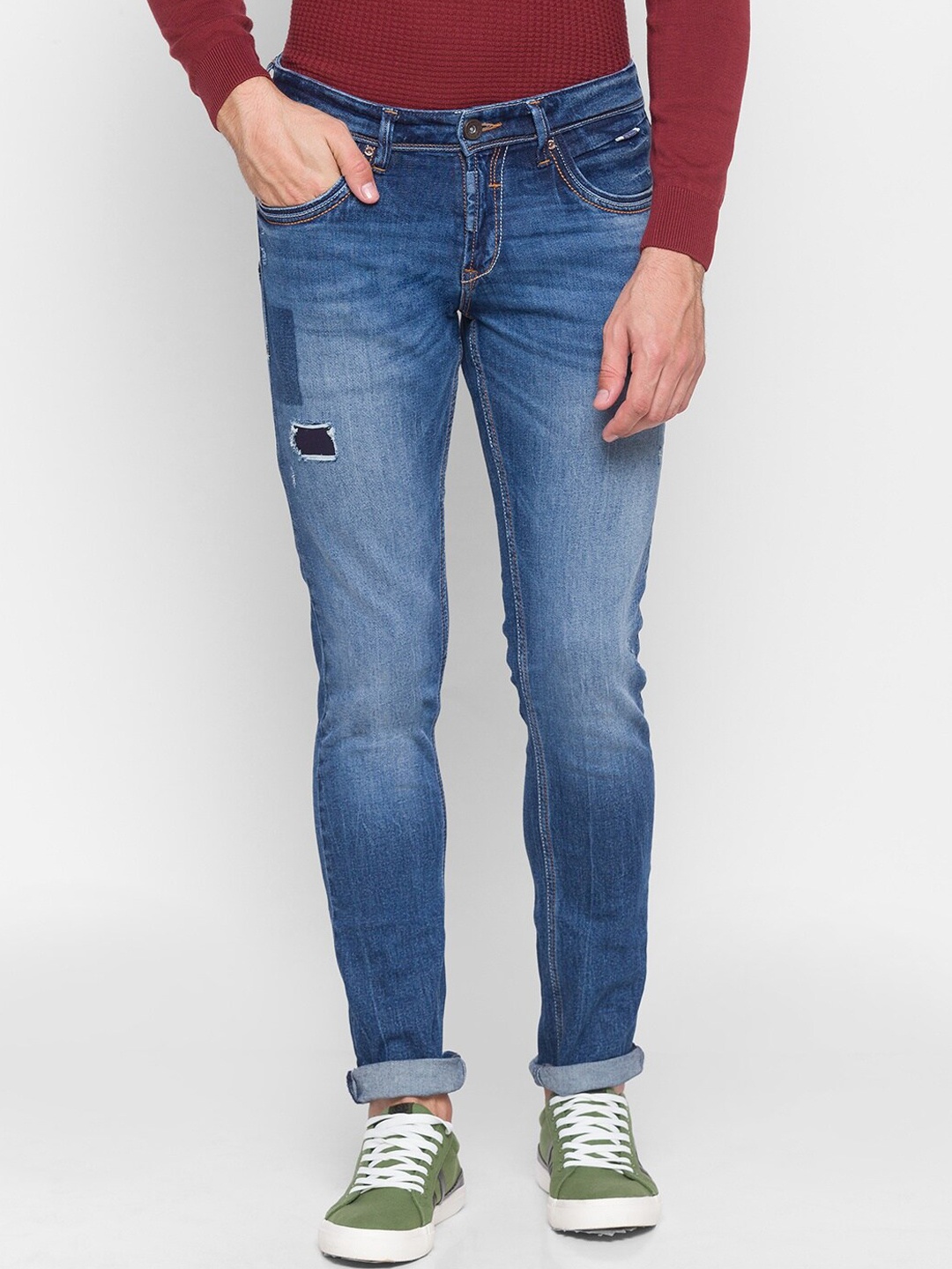 

SPYKAR Men Blue Skinny Fit Low-Rise Mildly Distressed Light Fade Jeans