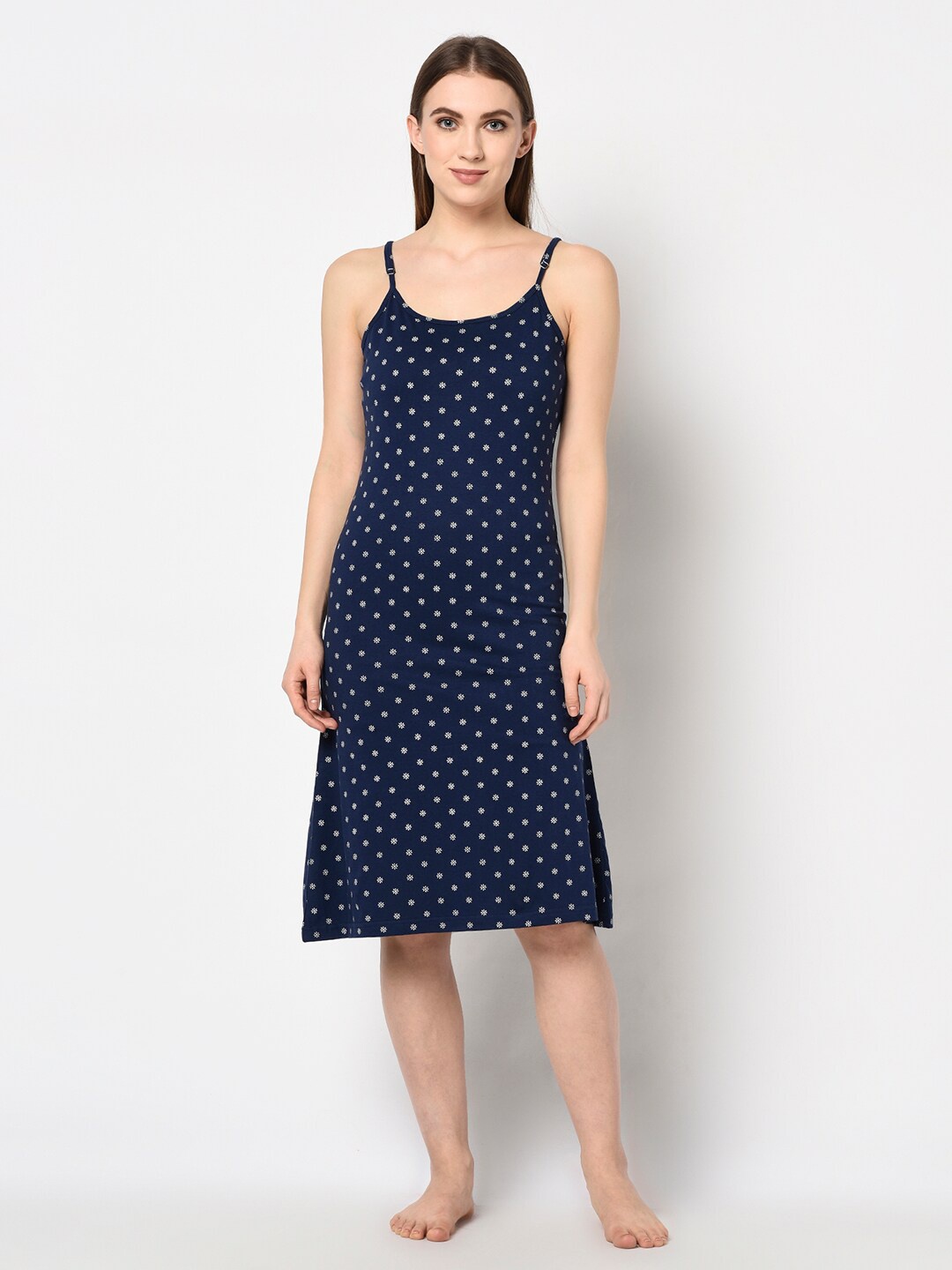 

Espresso Women Navy Blue Polka Dots Printed Cotton Nighty Slip