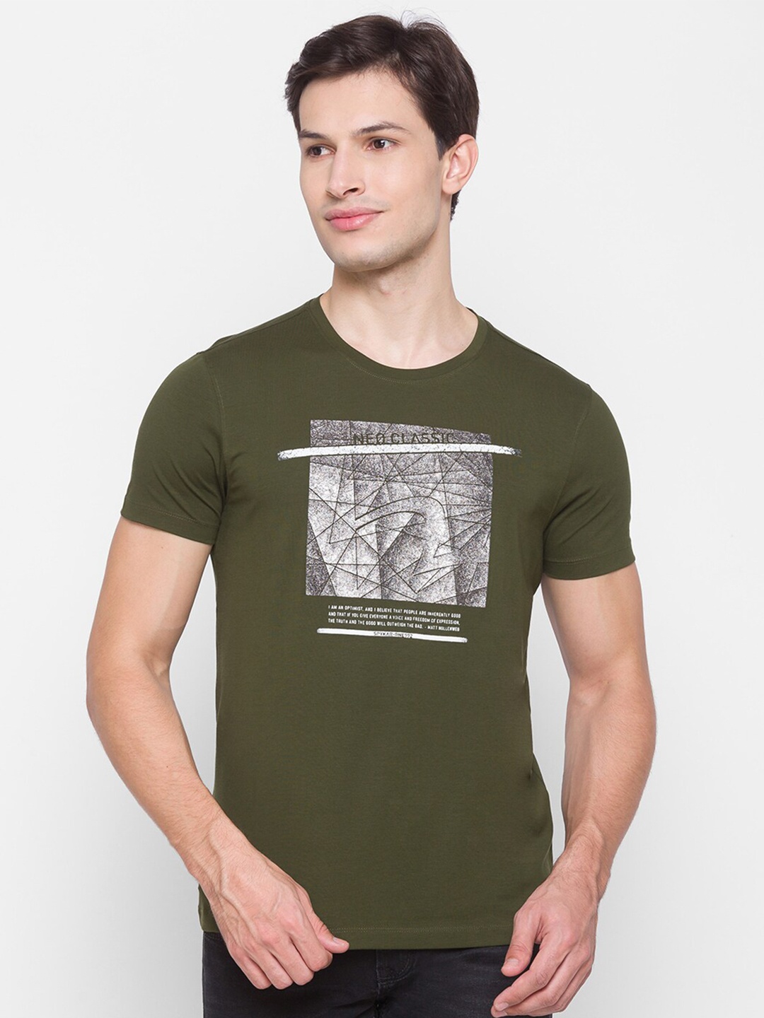 

SPYKAR Men Printed Slim Fit Cotton T-shirt, Green