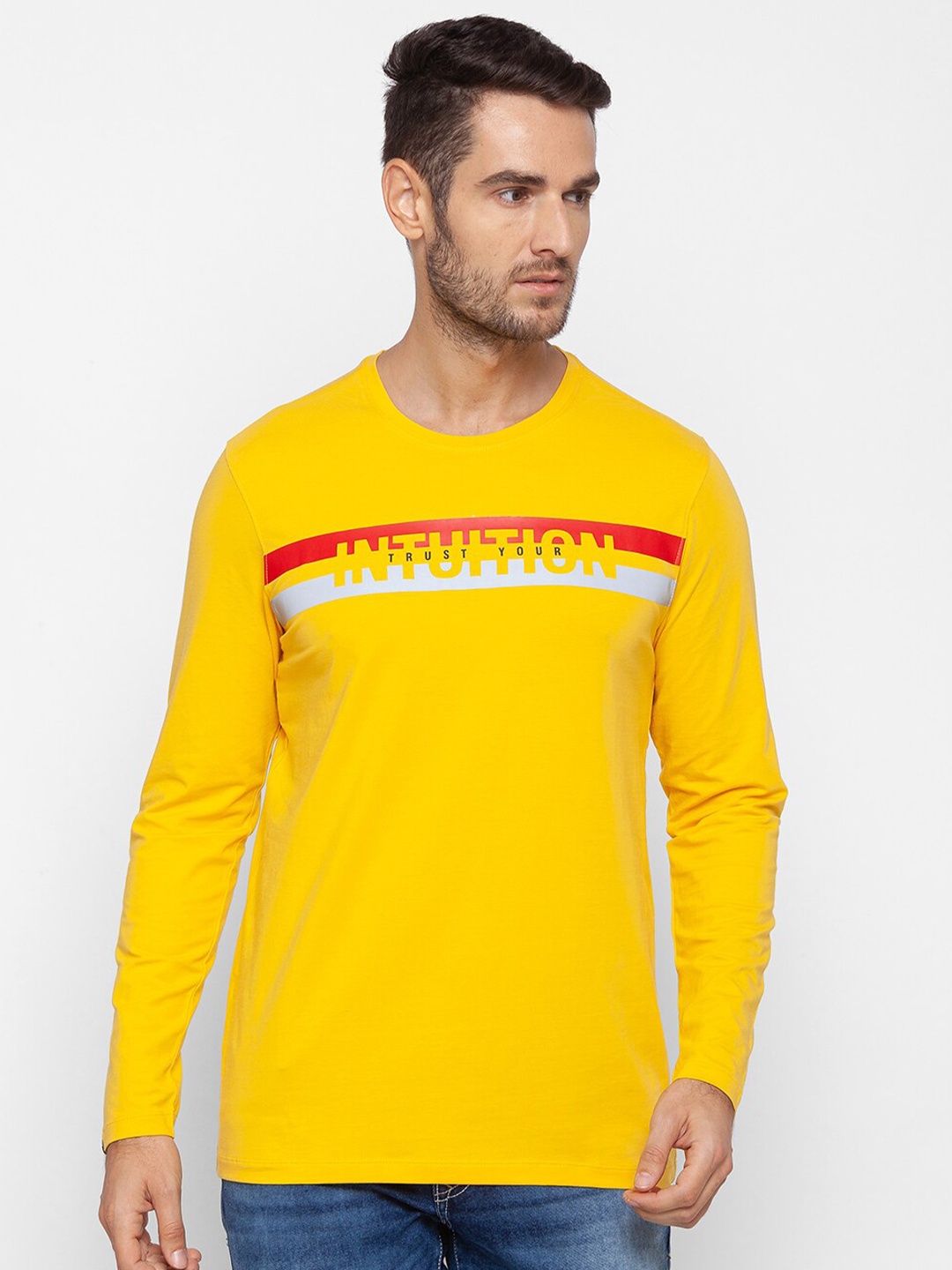 

SPYKAR Men Yellow & Red Typography Printed Slim Fit Cotton T-shirt