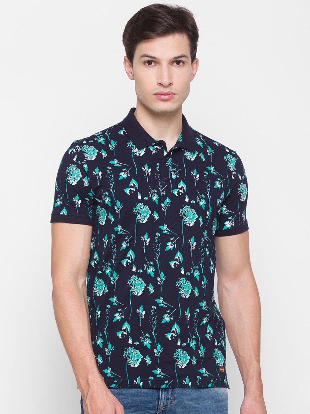 

SPYKAR Men Blue Floral Printed Polo Collar Slim Fit T-shirt