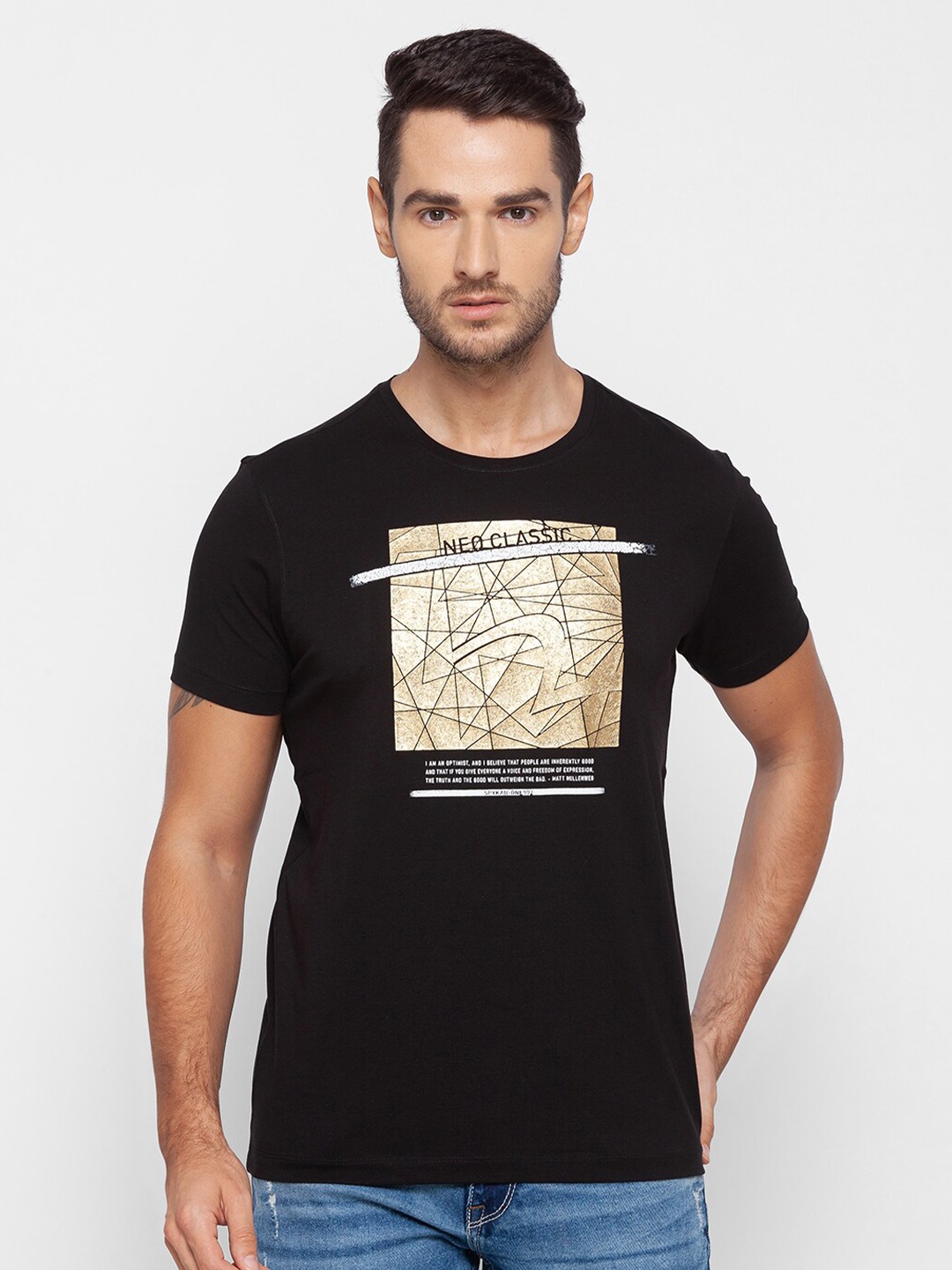 

SPYKAR Men Black & Gold-Toned Printed Raw Edge Slim Fit Cotton T-shirt