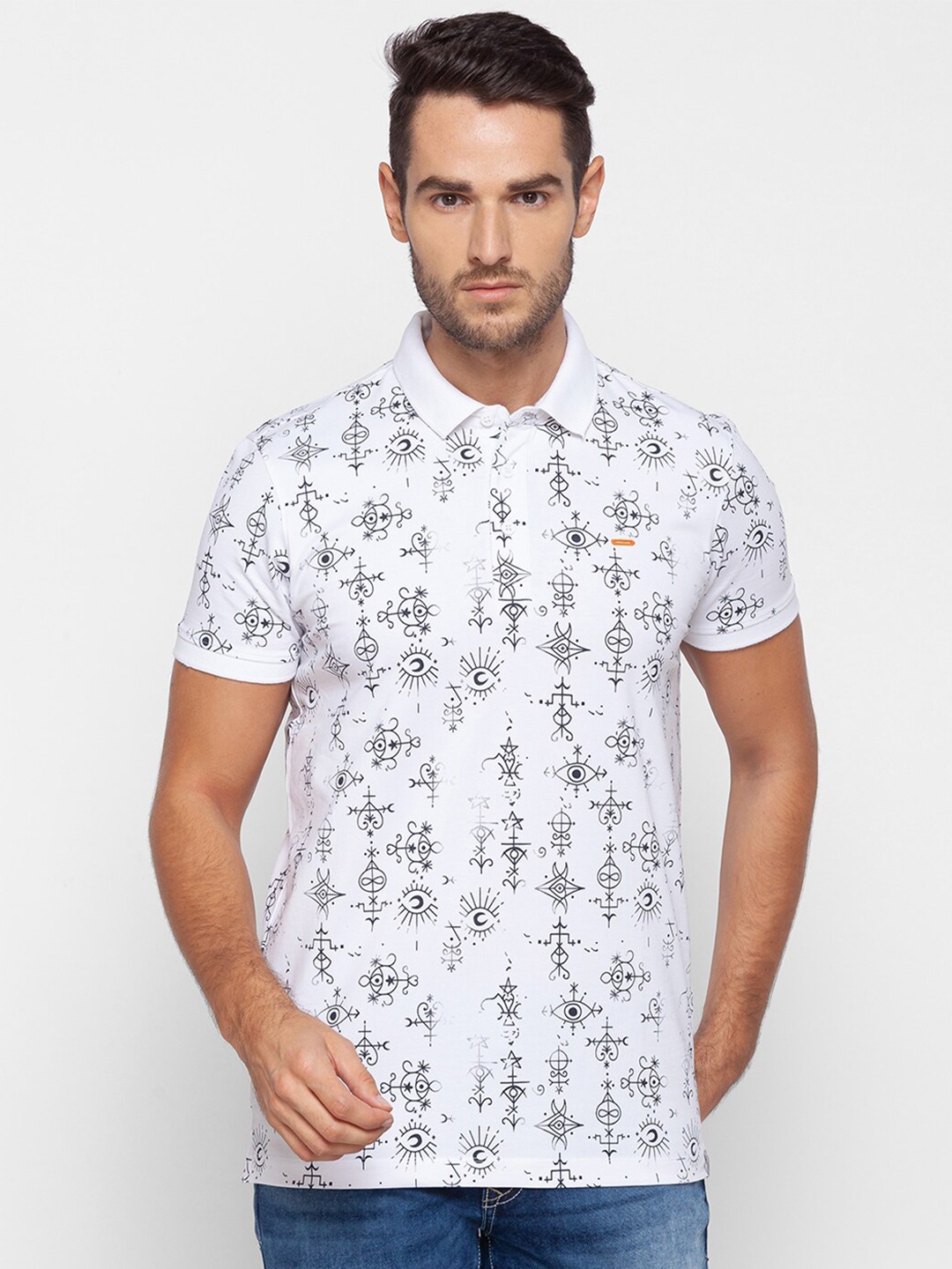 

SPYKAR Men White Conversational Printed Polo Collar Slim Fit Cotton T-shirt