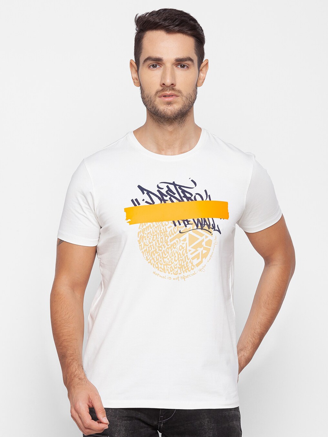 

SPYKAR Men White Raw Edge Slim Fit T-shirt