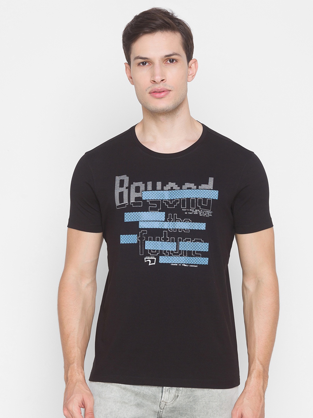 SPYKAR Men Typography Printed Slim Fit Cotton T-shirt, Black