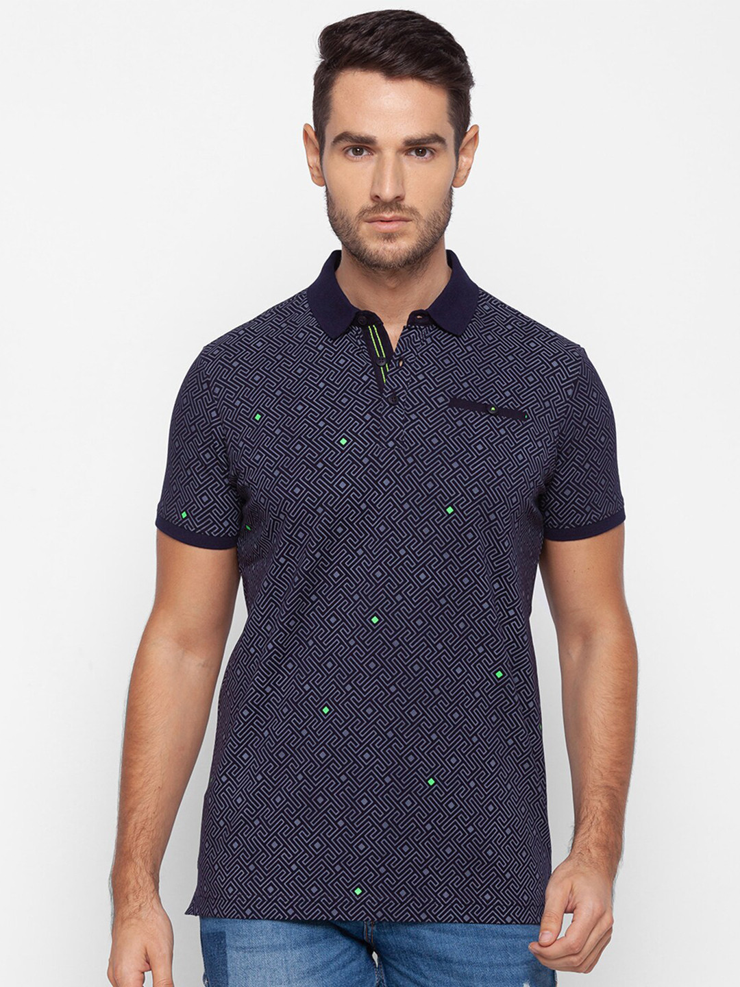 

SPYKAR Men Blue Printed Polo Collar Slim Fit Cotton T-shirt