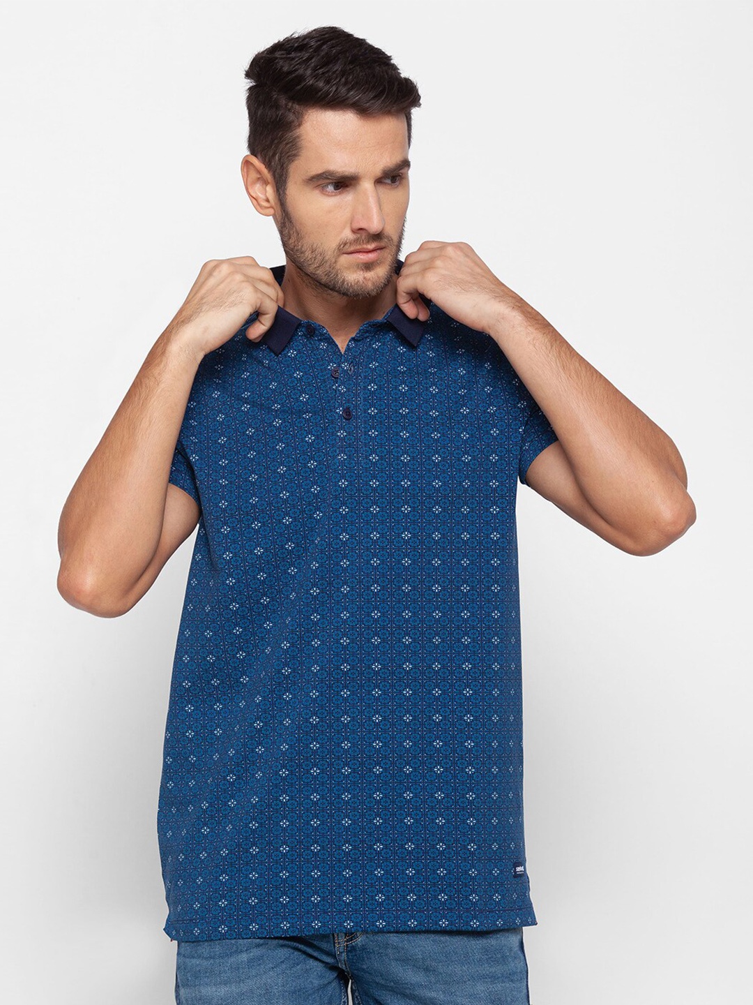 

SPYKAR Men Blue Printed Polo Collar Pockets Slim Fit T-shirt