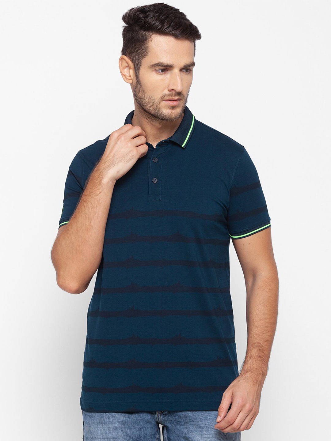 

SPYKAR Men Blue & Black Striped Polo Collar Cotton T-shirt