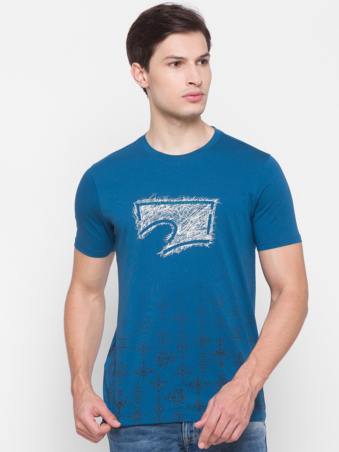 

SPYKAR Printed Slim Fit Cotton T-shirt, Blue