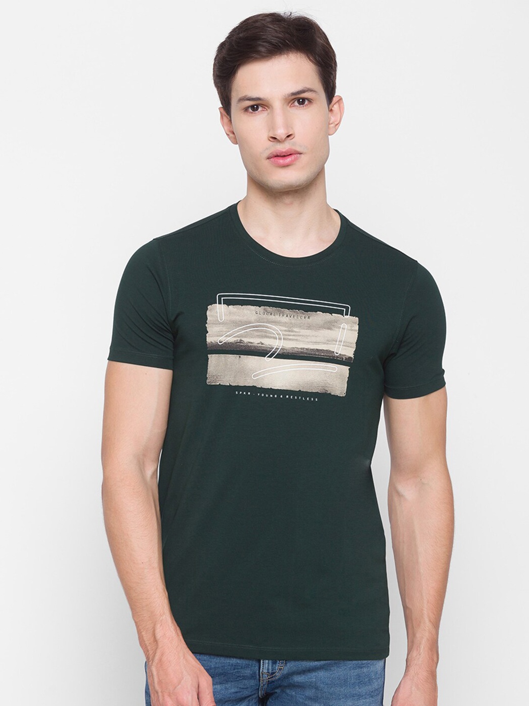 

SPYKAR Men Green Printed Cotton T-shirt