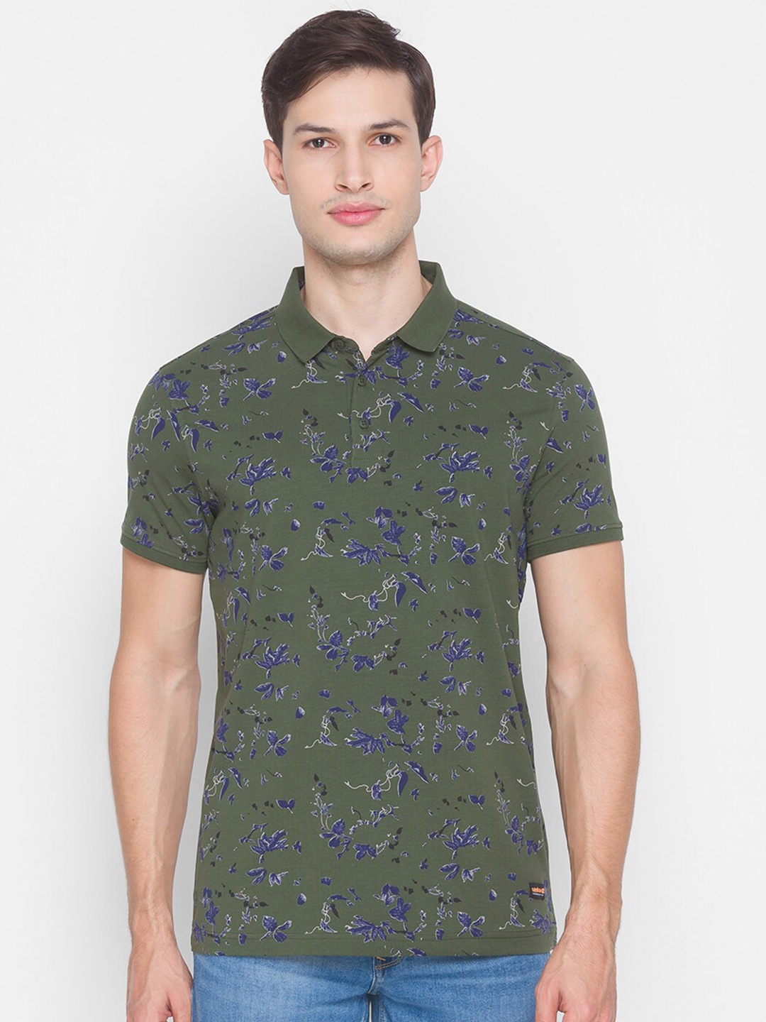 

SPYKAR Men Green & Blue Floral Printed Polo Collar T-shirt