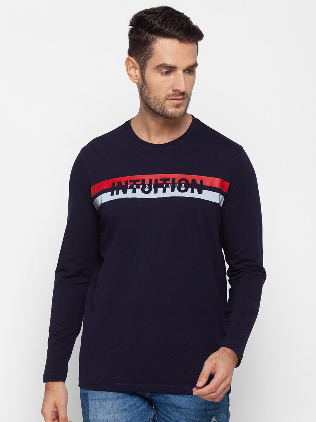 

SPYKAR Men Navy Blue Typography Printed Slim Fit T-shirt