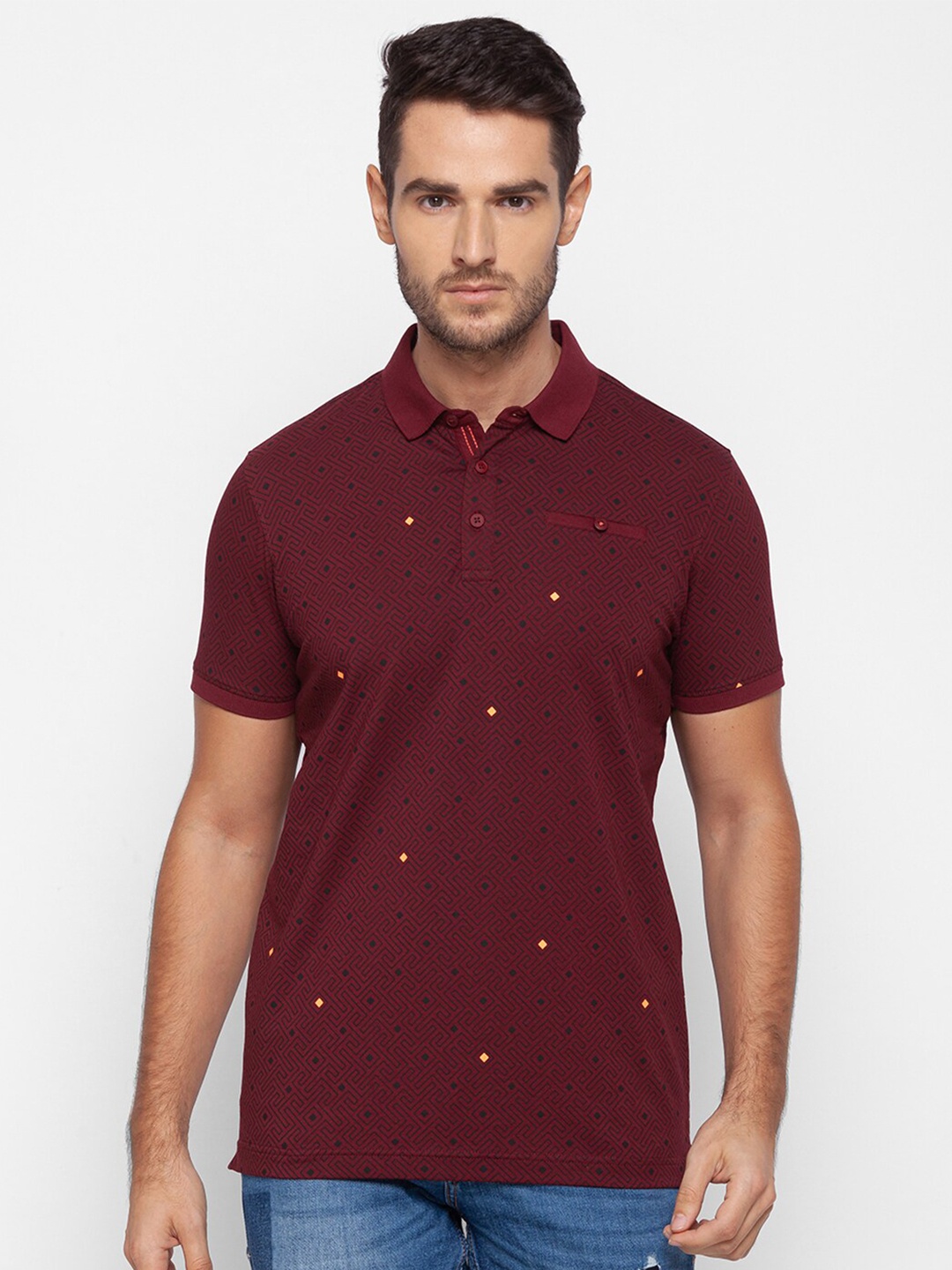 

SPYKAR Men Maroon Printed Polo Collar T-shirt