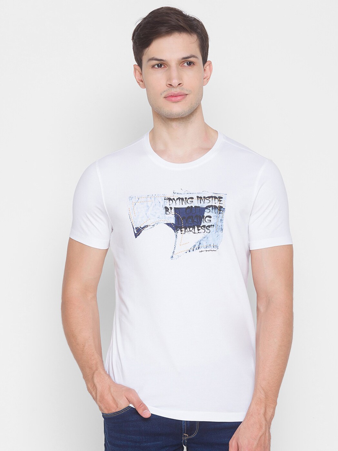 

SPYKAR Men Typography Printed Cotton Slim Fit T-shirt, White