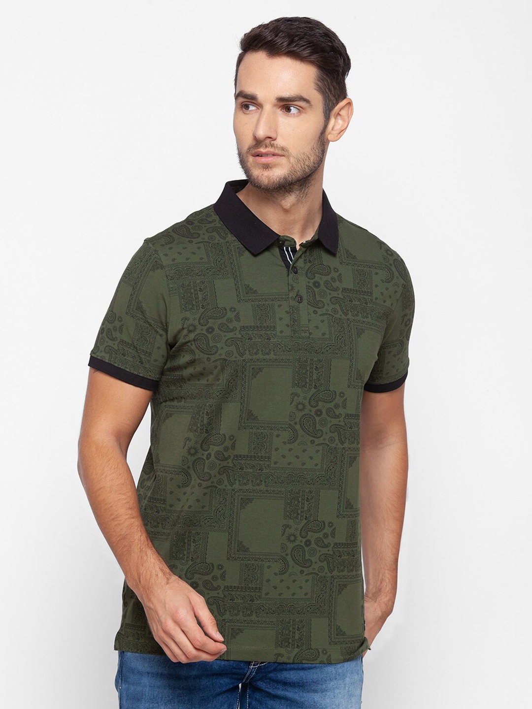 

SPYKAR Men Green Printed Polo Collar Slim Fit T-shirt