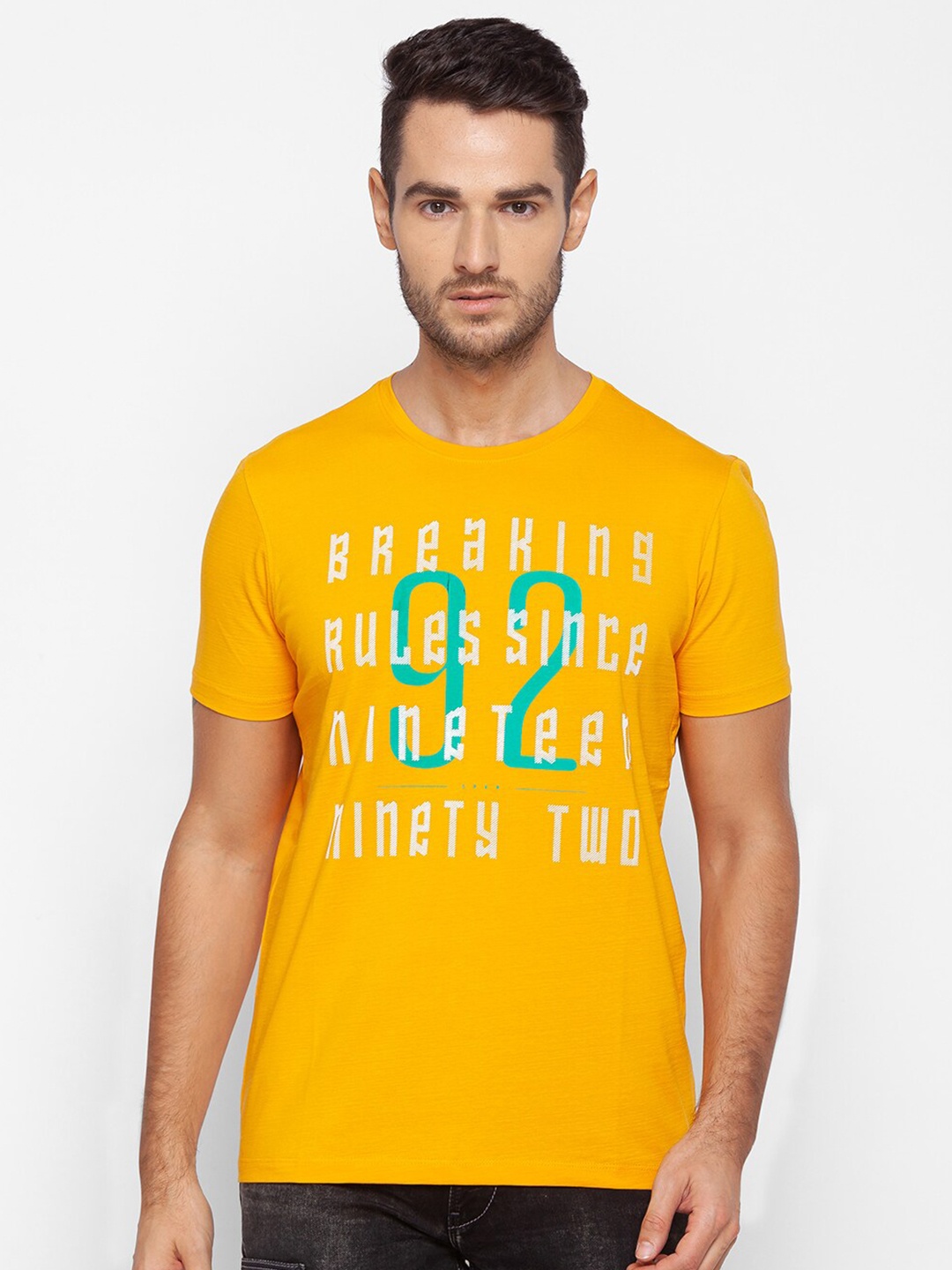 

SPYKAR Men Yellow Typography Printed Slim Fit Cotton T-shirt