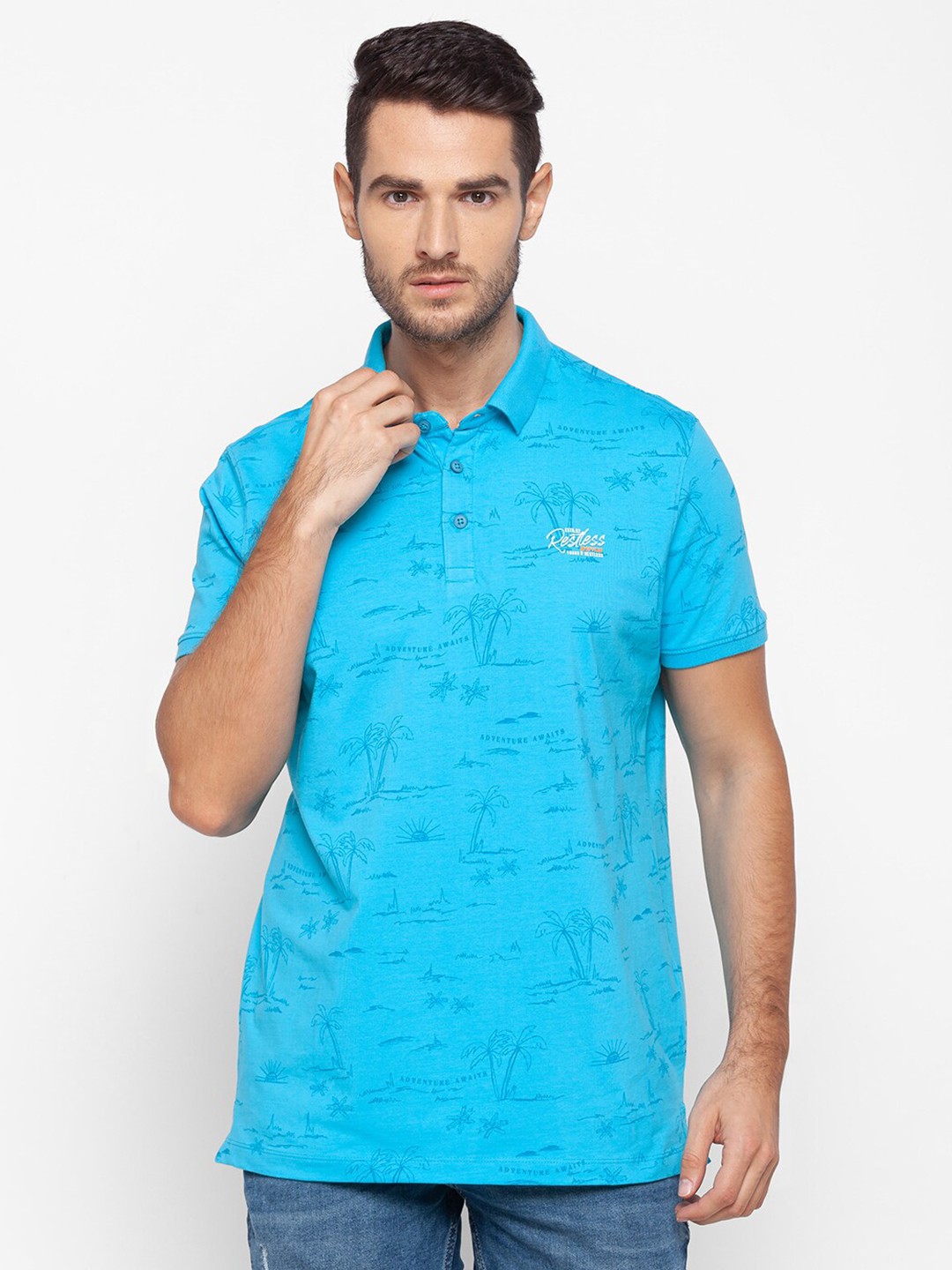 

SPYKAR Men Blue Printed Polo Collar Slim Fit T-shirt