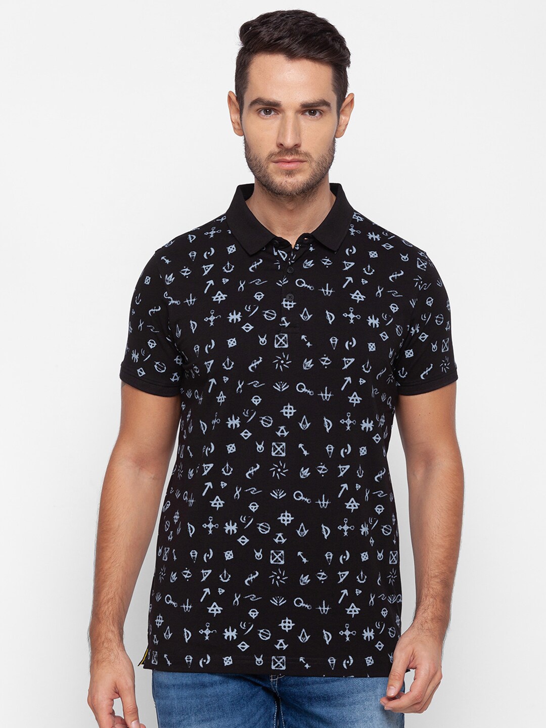 

SPYKAR Men Black Printed Polo Collar Slim Fit Cotton T-shirt