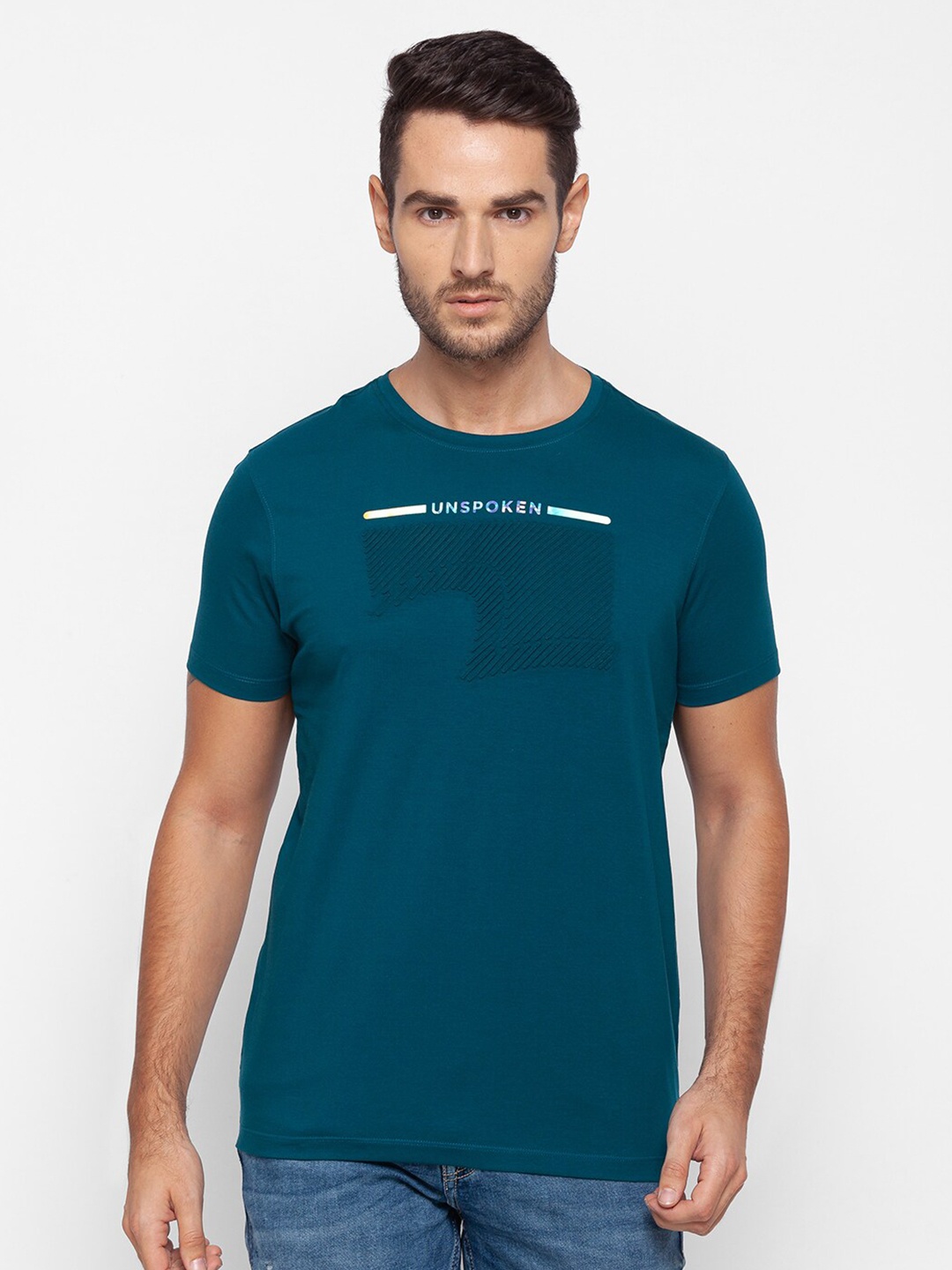 

SPYKAR Men Blue Typography Printed Slim Fit Cotton T-shirt
