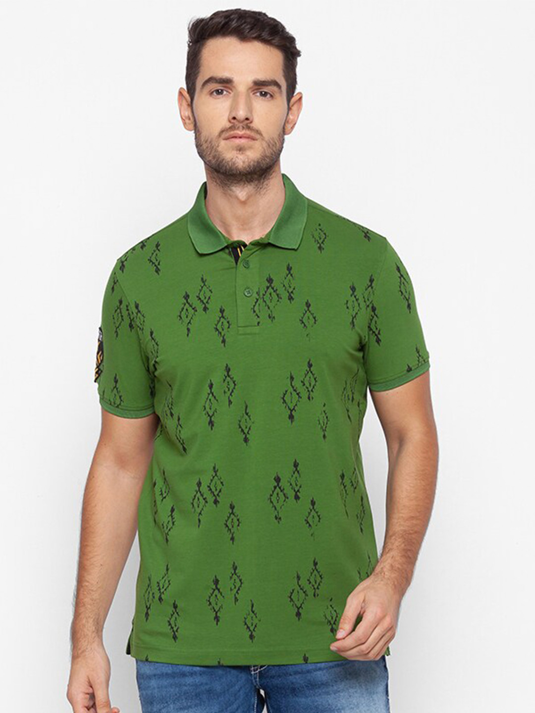 

SPYKAR Men Green Printed Polo Collar Extended Sleeves Slim Fit T-shirt