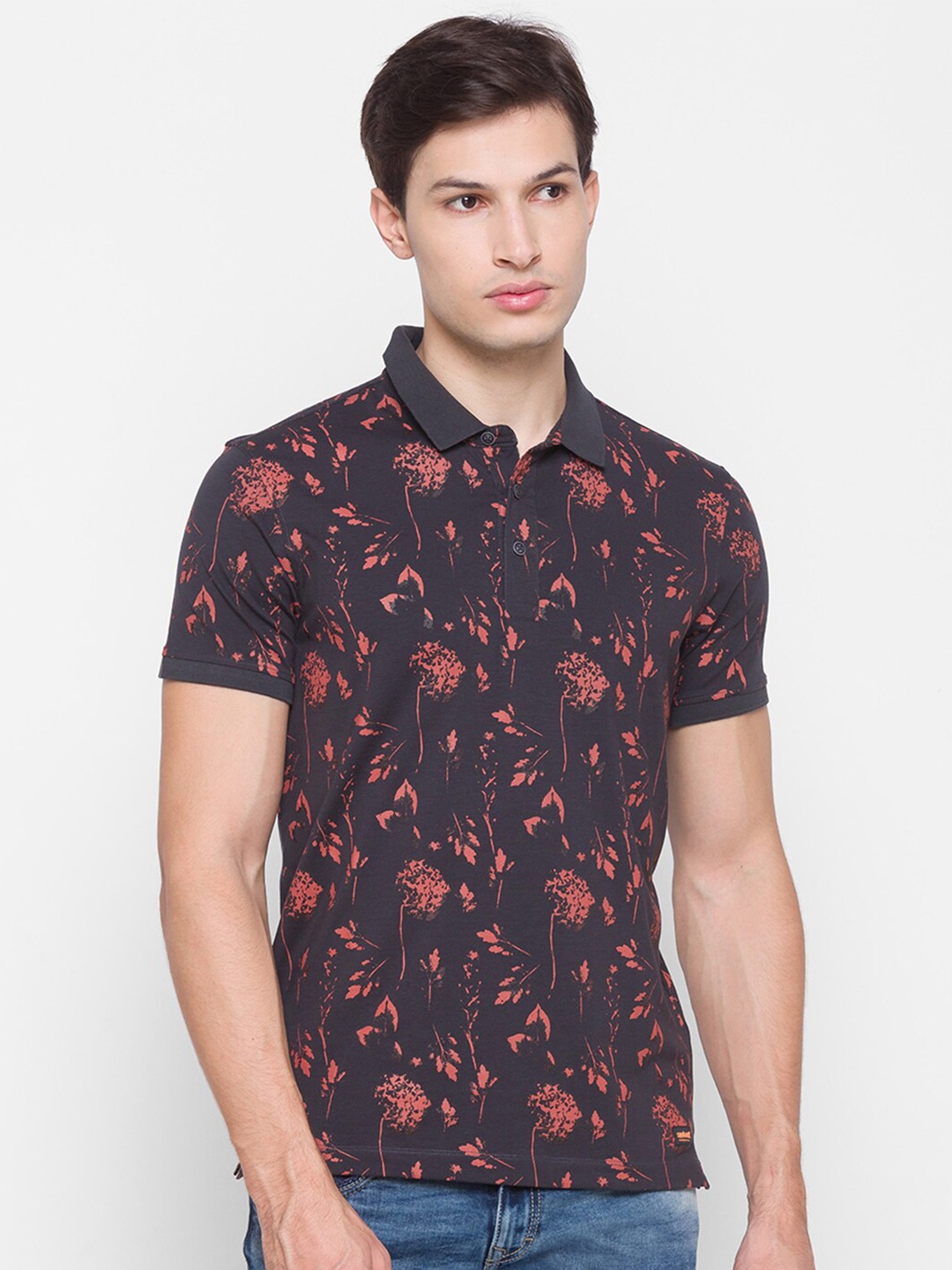 

SPYKAR Men Grey & Pink Floral Printed Polo Collar Slim Fit T-shirt