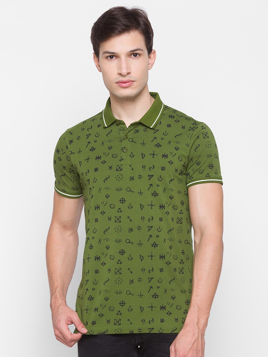 

SPYKAR Men Green Printed Polo Collar Slim Fit T-shirt
