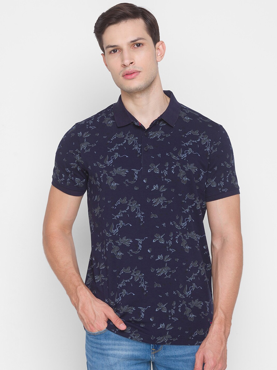 

SPYKAR Men Blue Floral Printed Cotton Polo Collar T-shirt