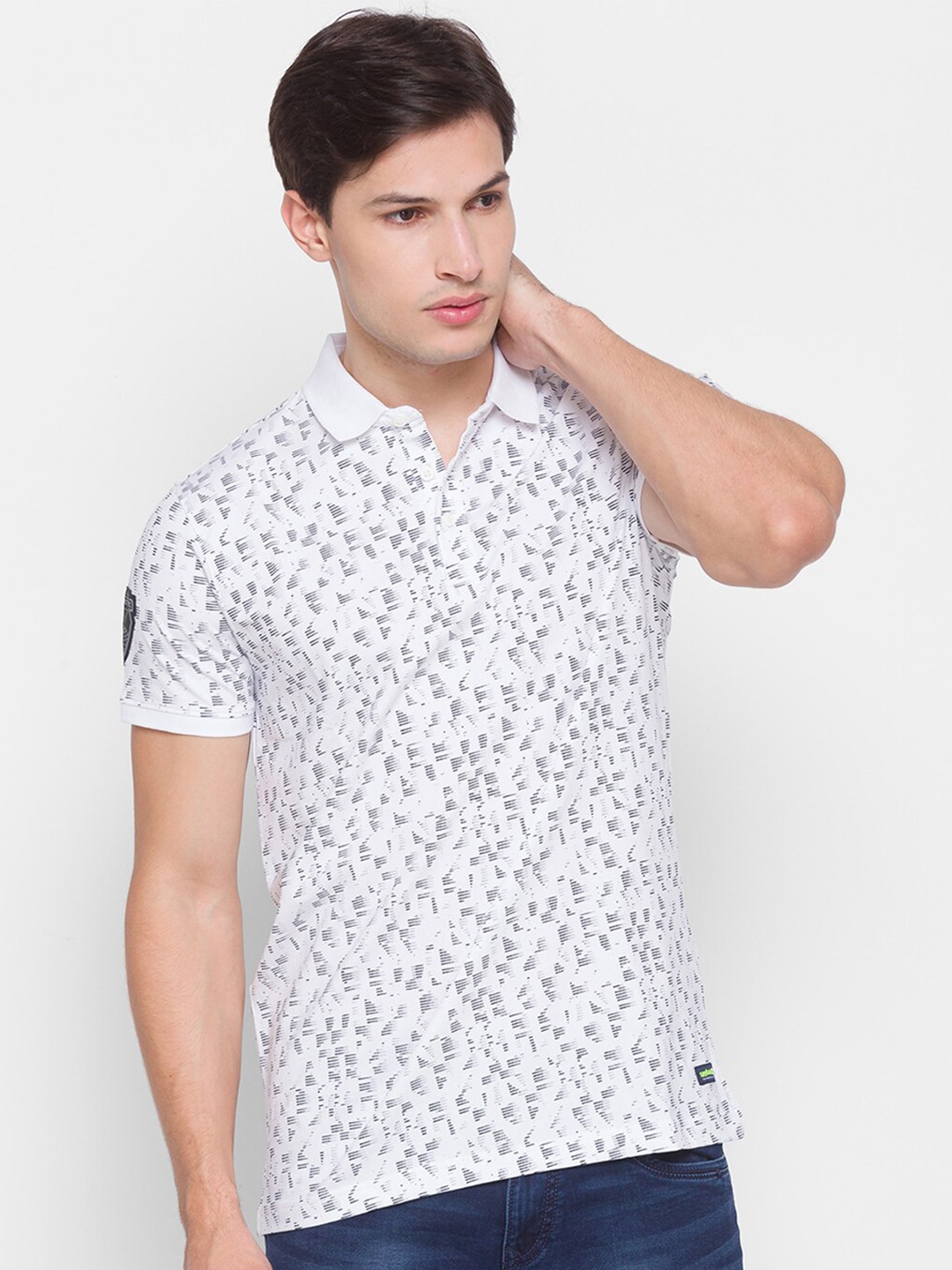 

SPYKAR Men White Printed Polo Collar Slim Fit T-shirt