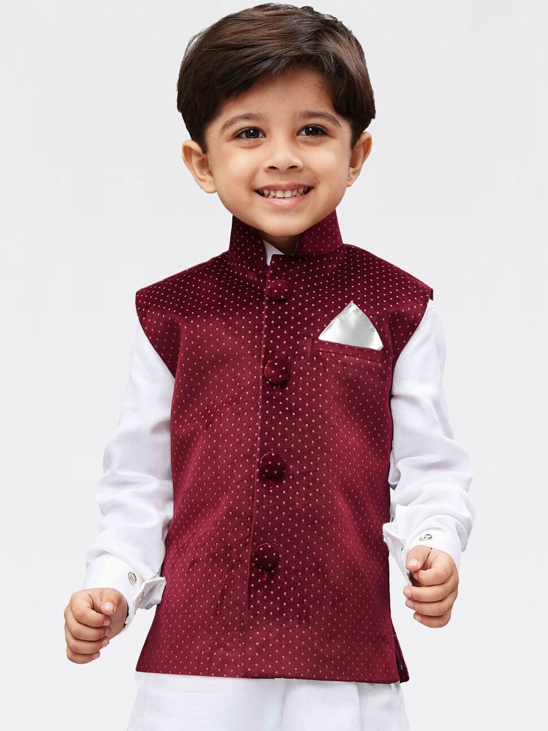 

VASTRAMAY Infant Boys Maroon Polka Dot Digital Printed Velvet Slim-Fit Nehru Jacket